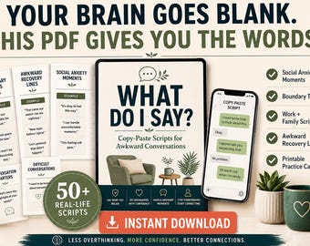 Awkward Conversation Scripts PDF, Social Anxiety Workbook, Introvert Confidence Guide, Boundary Templates, Printable Activities