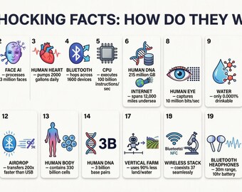 Infographicposter met 20 schokkende wetenschappelijke feiten: hoe technologie werkt: pdf-download