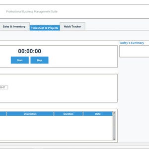 May include: Screenshot of the Multi-Module Tracker application interface. The software features tabs for Budget & Expenses, Invoice & P&L, Sales & Inventory, Timesheet & Projects, and Habit Tracker. The interface includes a timer, task entry fields, and a summary section.