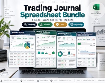 4-in-1 Trading Journal Spreadsheet Bundle | Excel Trade Log, Strategy Backtester, Prop Firm Risk Tracker & Psychology Journal