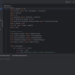 May include: A dark-themed code editor interface displaying Python code. The left panel shows a project structure with files like 'main.py' and 'budget_tracker.py'. The main window contains code with import statements and class definitions.