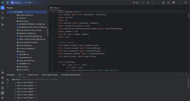 May include: A dark-themed code editor interface displaying Python code. The left panel shows a project structure with files like 'main.py' and 'budget_tracker.py'. The main window contains code with import statements and class definitions.