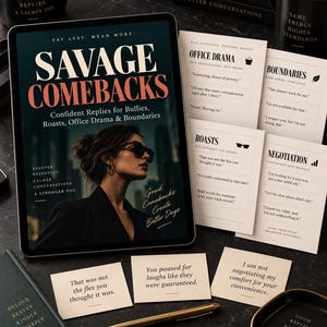 May include: A digital tablet displaying a book cover titled Savage Comebacks with a woman in sunglasses, surrounded by printed cards featuring conversational scripts, a gold pen, and black mugs and notebooks with motivational text printed on them.