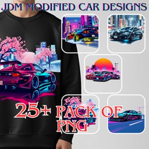 25+ JDM-autoontwerpbundel, neon JDM-tunerauto&#39;s T-shirtontwerp, Vaporwave Tokyo Street Scene, Japanse auto-esthetiek, cyberpunk retro jaren 80-kunst