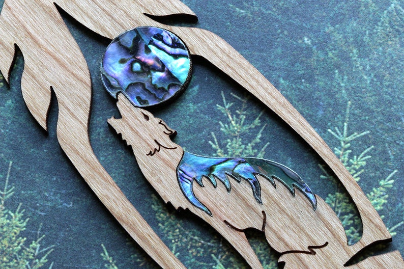 Howling Wolf Feather Bookmark, Wood Bookmark, Bookmark Exchange, Mother Of Pearl Bookmark, Unique Bookmark, Wolf Gift, Turquoise Paua Shell image 3