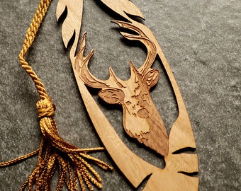 Laser Cut Cherry Wood Bookmark: Deer Feather Design