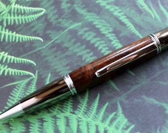 Wall Street Style Pen Made from Walnut Burl with A Gun Metal and Chrome Finish center band and cap