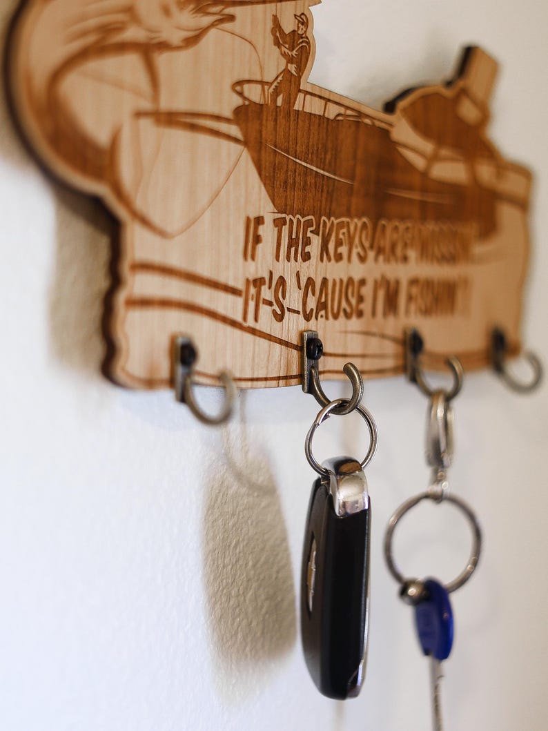 Marlin Fisherman Key Rack: Cherry Wood Veneer, Boat & Fish Carving - Etsy