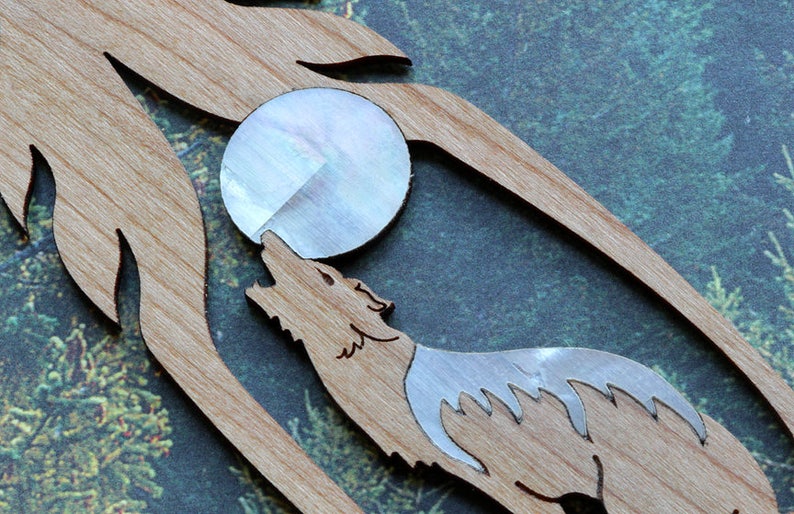 Howling Wolf Feather Bookmark, Wood Bookmark, Bookmark Exchange, Mother Of Pearl Bookmark, Unique Bookmark, Wolf Gift, Turquoise Paua Shell image 4