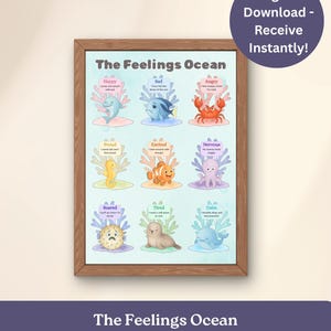 Könnte beinhalten: Ein gerahmter Druck mit dem Titel "The Feelings Ocean" mit farbenfrohen Illustrationen von Meereskreaturen, die verschiedene Emotionen darstellen. Der Druck enthält den Text "Digital Download - Receive Instantly!" und "Support Emotional Growth with This Ocean Feelings Chart."