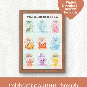 Könnte beinhalten: Ein gerahmter Druck mit dem Titel "The AuDHD Ocean" mit Illustrationen von Meereskreaturen und Wörtern wie "Insightful" und "Driven". Eine herzförmige Grafik zeigt "Digitaler Download - Sofort erhalten". Der Text unten lautet "Feiern von AuDHD durch sanfte Ozean-Themen-Stärken."