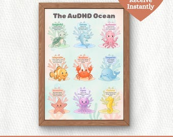Peut inclure: Une affiche encadrée intitulée "The AuDHD Ocean" avec des illustrations de créatures marines et des mots tels que "Insightful" et "Driven". Un graphique en forme de cœur indique "Téléchargement numérique - Recevez instantanément". Le texte en bas dit "Célébrer l'AuDHD à travers des forces douces sur le thème de l'océan."