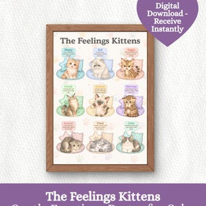 Puede incluir: Un póster enmarcado titulado "The Feelings Kittens" presenta ilustraciones en acuarela de gatitos que expresan diferentes emociones. El póster incluye textos como "Happy", "Sad" y "Angry". Un gráfico en forma de corazón púrpura dice "Descarga digital - Recibe al instante."