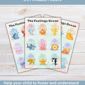 Pósteres de emociones del océano / 3 tablas de emociones imprimibles para niños / Paquete de emociones con temática oceánica / Rincón de la calma / Decoración para el aula SEL