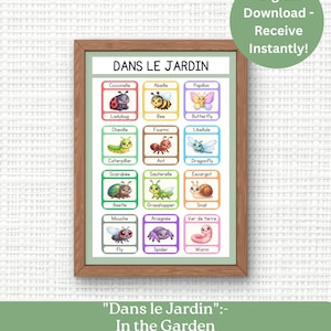 May include: A framed educational poster titled "Dans le Jardin" featuring colorful illustrations of insects and bugs with French and English labels. The poster includes a digital download notice.