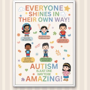Puede incluir: Un póster enmarcado con el texto "EVERYONE SHINES IN THEIR OWN WAY!" e ilustraciones de niños. El póster incluye las palabras "AUTISM IS JUST ONE WAY TO BE AMAZING!" y otras frases de apoyo.