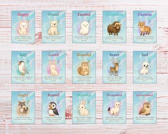 Puede incluir: Juego de 28 tarjetas didácticas imprimibles, "The Feelings Arctic", con 27 emociones diferentes. Cada tarjeta presenta una criatura del bosque y una descripción para ayudar a los niños a comprender sus sentimientos. Ideal para aulas.