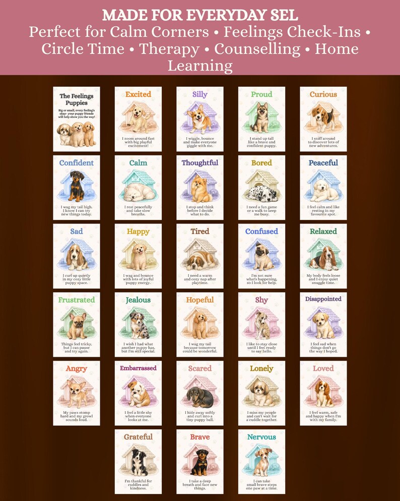Puppy Feelings Flashcards | Dog Emotions Cards for Kids | SEL Emotional ...