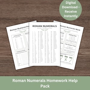 May include: Four printable Roman numeral learning pages, including a reference chart, number matching exercises, and explanations of Roman numeral rules. The digital download is available instantly.