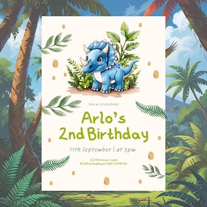 Bearbeitbare Dinosaurier-Einladung zum 2. Geburtstag - Blauer Triceratops - Sofort-Download - Kinderparty-Einladung - Anpassbare Vorlage - Drehen Zwei