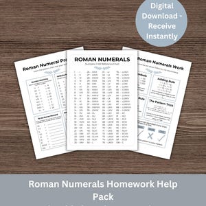 Puede incluir: Un conjunto de cuatro páginas imprimibles para aprender números romanos. Las páginas incluyen una tabla de referencia, ejercicios de correspondencia numérica y una sección sobre cómo funcionan los números romanos. Descarga digital.