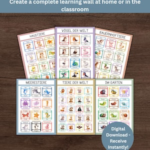 May include: Six German learning posters for kids, featuring a bilingual animal set. The posters include various animal categories like farm animals, birds, and sea creatures. The posters are designed to create a complete learning wall at home or in the classroom.