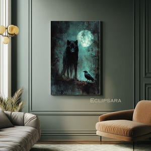Mystical Wolf and Raven Canvas Art, Wall Decor, Nature Wall Art, Moonlight Art, Gothic Home Decor, Gift for Animal Lovers