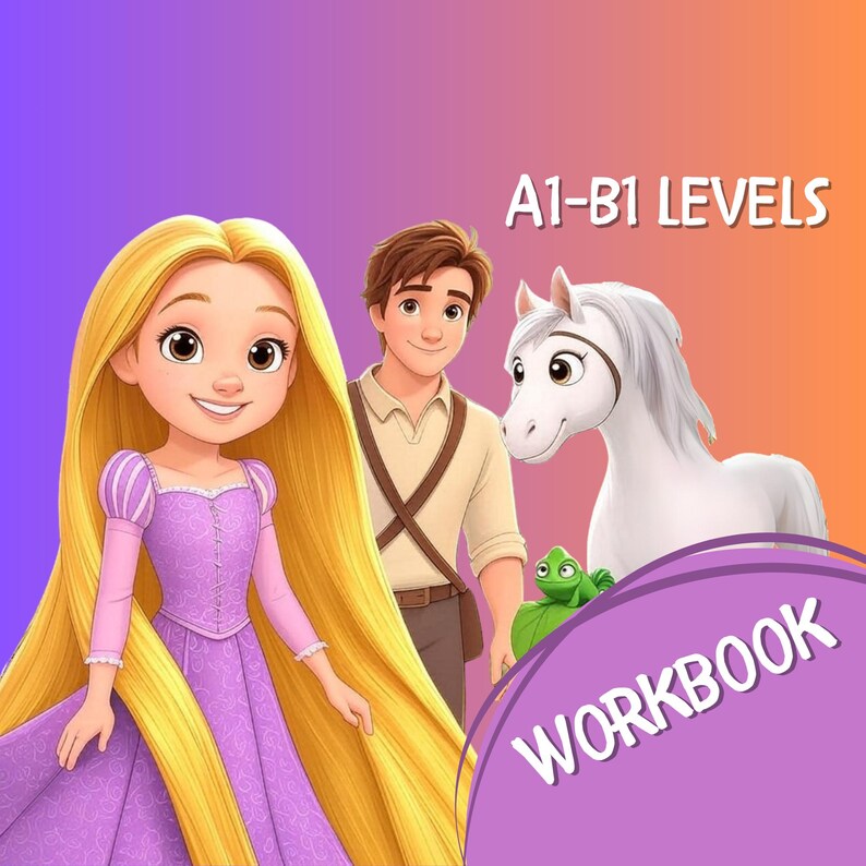 May include: Illustration of a princess with long blonde hair, a man, a white horse, and a green chameleon. The image has the text "A1-B1 LEVELS" and "WORKBOOK" on a purple background. The princess wears a purple dress.