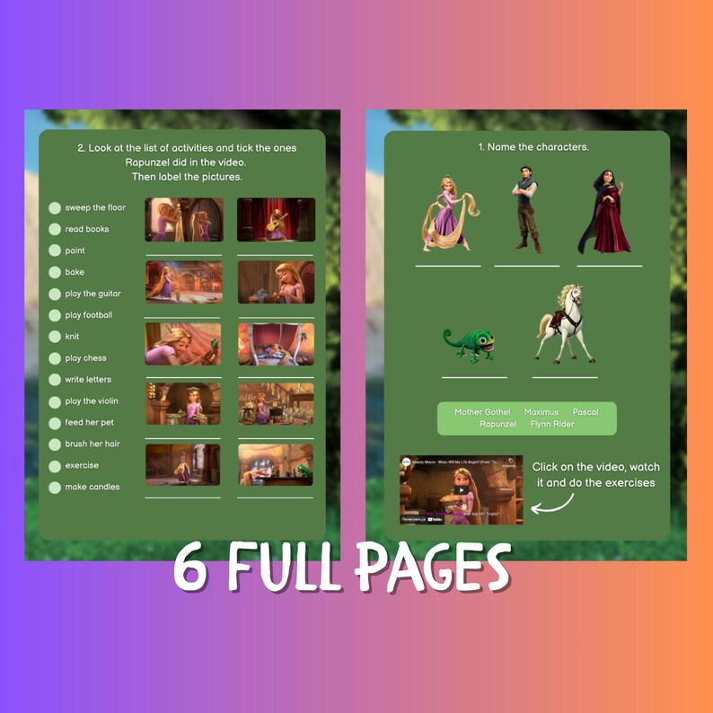 May include: Two-page educational worksheet with a green background and colorful illustrations. The worksheet features activities related to the Disney movie "Tangled", including character identification and activity labeling. The text "6 FULL PAGES" is displayed at the bottom.