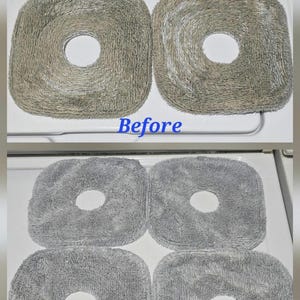 May include: Before and after comparison of cleaning pads. The top half shows four dirty, gray pads with a central hole. The bottom half shows the same pads, now clean and gray, after being washed in warm-hot water. The text reads "Before" and "After: 3 tbsp in warm-hot water."