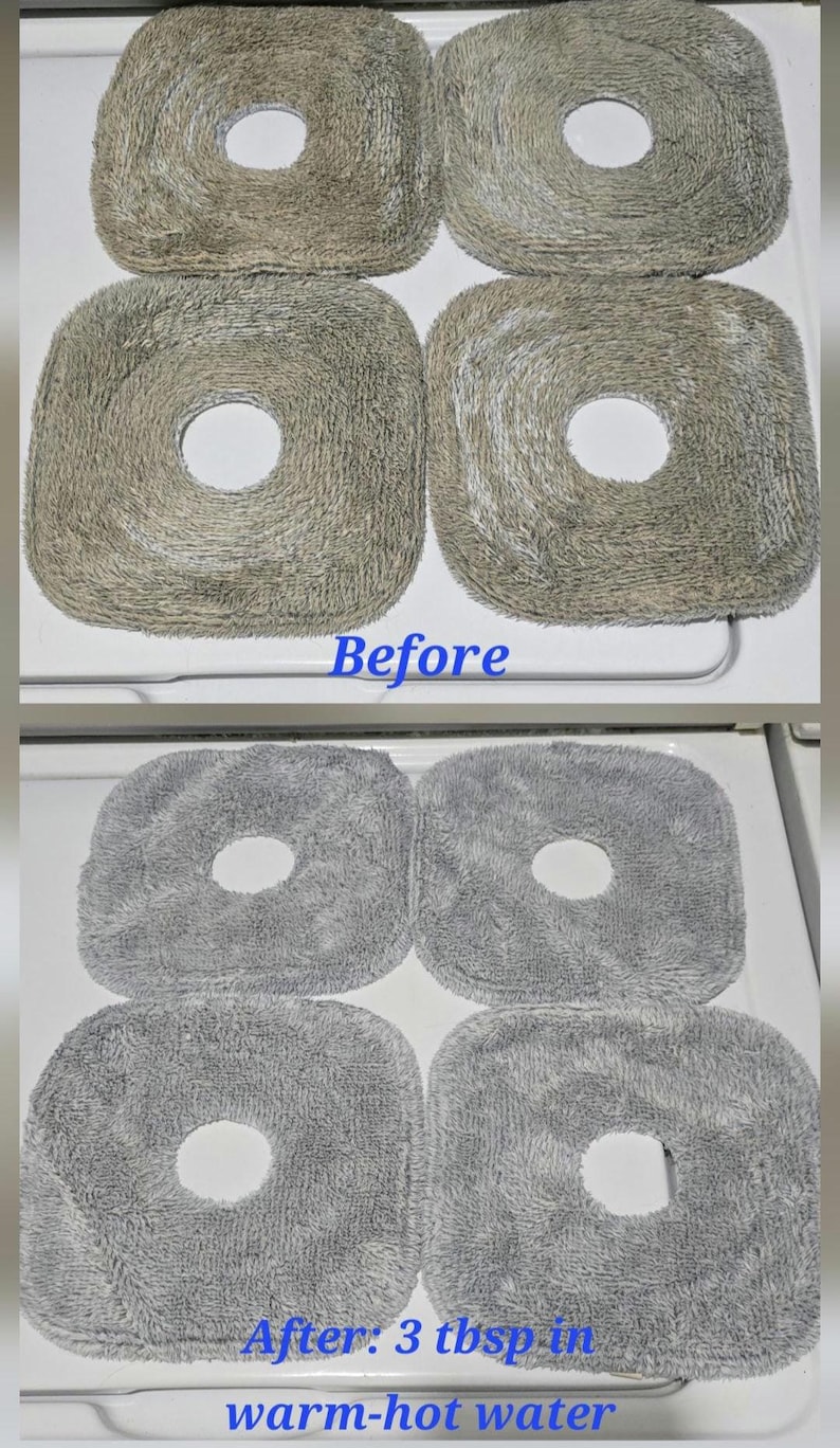 May include: Before and after comparison of cleaning pads. The top half shows four dirty, gray pads with a central hole. The bottom half shows the same pads, now clean and gray, after being washed in warm-hot water. The text reads "Before" and "After: 3 tbsp in warm-hot water."
