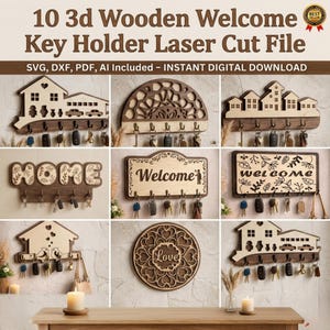 10 Laser Cut  Wooden Key Holder for Wall, Layered Family Key Hanger, Housewarming Gift