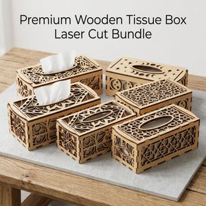 May include: A collection of five rectangular wooden tissue boxes featuring intricate laser-cut patterns including floral, geometric, and celestial designs. The text Premium Wooden Tissue Box Laser Cut Bundle is displayed above the boxes.