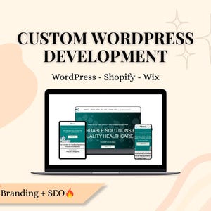 May include: A laptop computer displaying a website with the text "Affordable Solutions for Quality Healthcare" and the words "Branding + SEO" in the lower left corner.