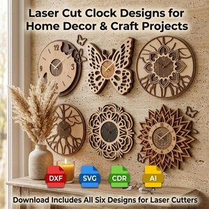 May include: Six wooden laser-cut wall clock designs featuring butterfly, floral, and tree motifs. The image includes text reading Laser Cut Clock Designs for Home Decor & Craft Projects and Download Includes All Six Designs for Laser Cutters.