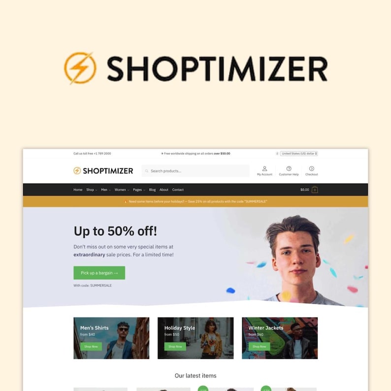 May include: The Shoptimizer website homepage features a sale announcement with a young man's image. The site offers up to 50% off on special items. The logo includes a lightning bolt and the brand name.