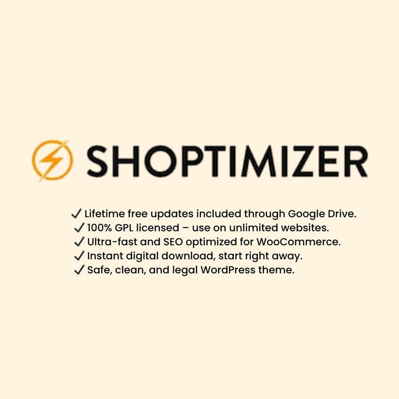 May include: The Shopoptimizer logo with a lightning bolt icon. Text includes "Lifetime free updates", "100% GPL licensed", "Ultra-fast and SEO optimized", "Instant digital download", and "Safe, clean, and legal WordPress theme."