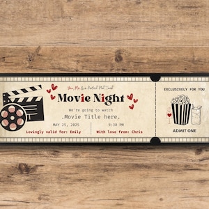 Entradas de cine imprimibles y editables, cupones para citas de cine, entradas de cine para San Valentín, entradas para citas de cine, cupones de amor