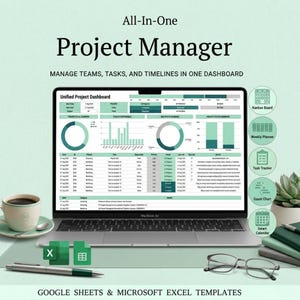 Könnte beinhalten: Ein Laptop zeigt ein All-in-One-Projektmanagement-Dashboard mit Diagrammen, Tabellen und Aufgabenlisten. Der Bildschirm zeigt ein Unified Project Dashboard. Symbole für Kanban-Board, Wochenplaner, Aufgabenverfolgung, Gantt-Diagramm und Kalender.