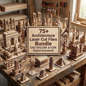 Puede incluir: Una colección de modelos arquitectónicos de madera clara que incluyen la Torre Eiffel, Notre Dame y varios edificios. Un letrero central dice 75+ Architecture Laser Cut Files Bundle, CNC SVG DXF AI CDR, Digital Download.