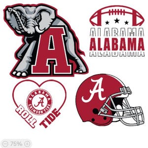May include: A collection of Alabama Crimson Tide graphics. Includes an elephant mascot with a large letter "A", a football with "Alabama" text, a heart with "Roll Tide", and a crimson football helmet with a white "A".