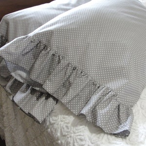 Ruffled Cotton Pillowcase Pillow Shams Gray with Little White Polka Dots Handmade, Wide Ruffles, Standard Queen Bed Bedding image 1