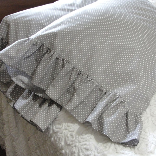 Ruffled Cotton Pillowcase Pillow Shams - Gray with Little White Polka Dots - Handmade, Wide Ruffles, Standard Queen Bed Bedding