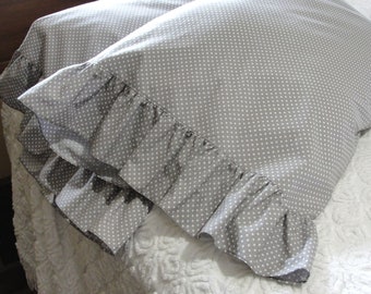 Ruffled Cotton Pillowcase Pillow Shams - Gray with Little White Polka Dots - Handmade, Wide Ruffles, Standard Queen Bed Bedding