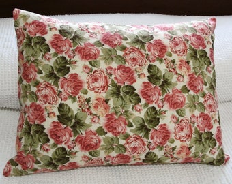 Roses Travel Pillow Case - Salmon Pink, Olive Green Cabbage Roses Pillowcase Cover for 12x16 Boudoir, Lumbar, Accent Pillow - envelope back