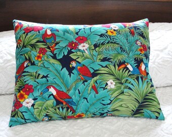 Travel Pillowcase - Tropical Birds, Flowers & Fronds - Red, Green, Turquoise, Blue Cover for 12x16 Accent Pillow - Handmade, envelope back