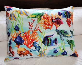 Tropical Fish Travel Pillowcase - Coral, Turtles, Sea Horse on Azure Blue Case Cover for 12x16 Lumbar, Boudoir, Throw Pillow - envelope back