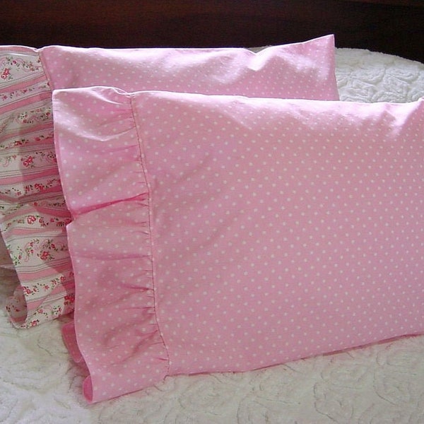 Ruffled Travel Pillow Case - Little Polka Dots on Pink  - Toddler, Lumbar, Boudoir Accent Pillowcase Cover for 12x16 Pillow