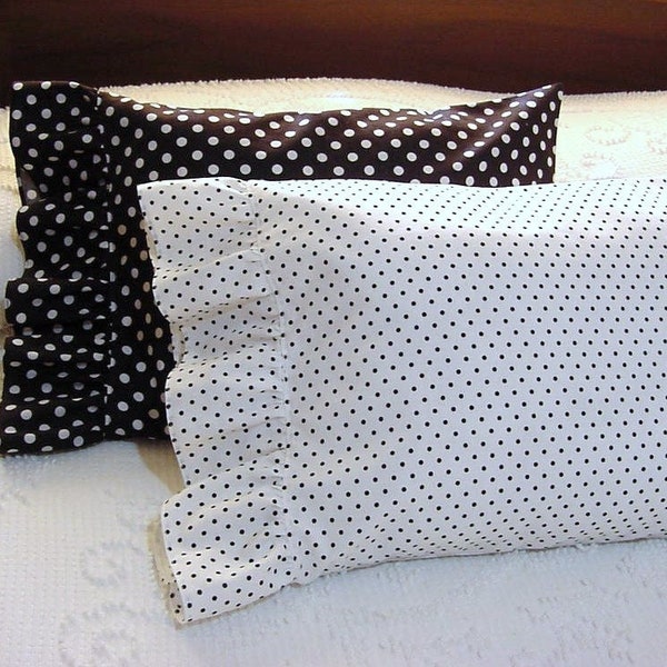 Ruffled Travel Pillowcase - Black or White with Polka Dots for 12x16 Pillow, Boudoir, Lumbar, Toddler Pillow Case Cover