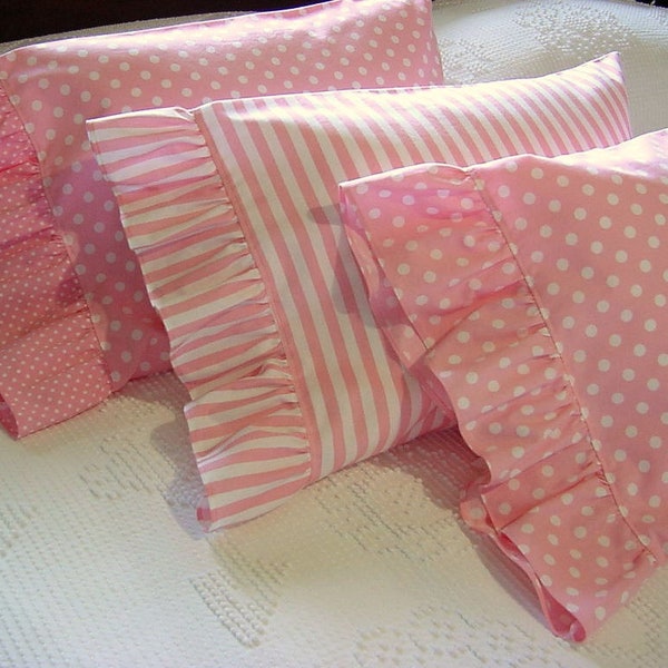 Ruffled Boudoir Pillow Case - Travel Lumbar Toddler Pillowcase Cover - An Array of Pink Polka Dots & Stripes for 12x16 Pillow